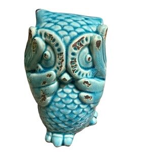 Ceramic blue Owl hear no evil Figurine